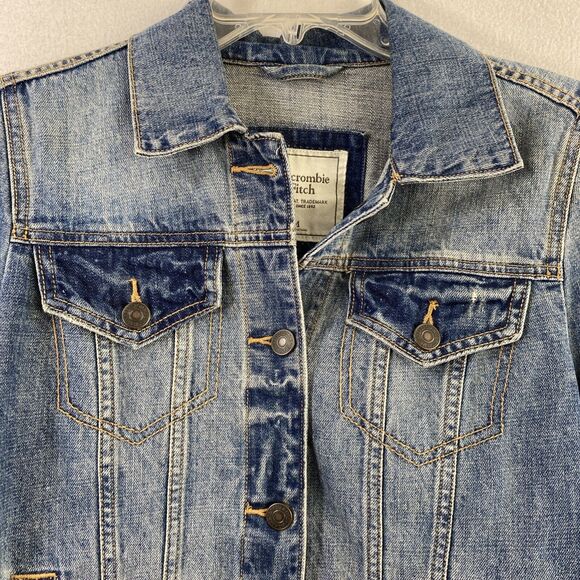 Abercrombie‎ & Fitch Jean Jacket Womens Medium Distress Denim Button Up Pockets - Picture 9 of 10